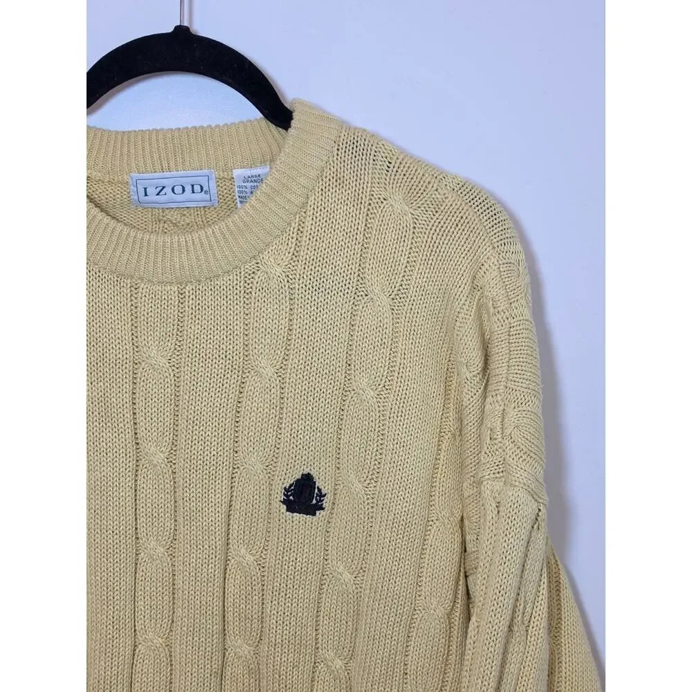 Vintage IZOD Sweater LARGE Crest Chunky Cable Knit Butter Yellow Deadstock NWT